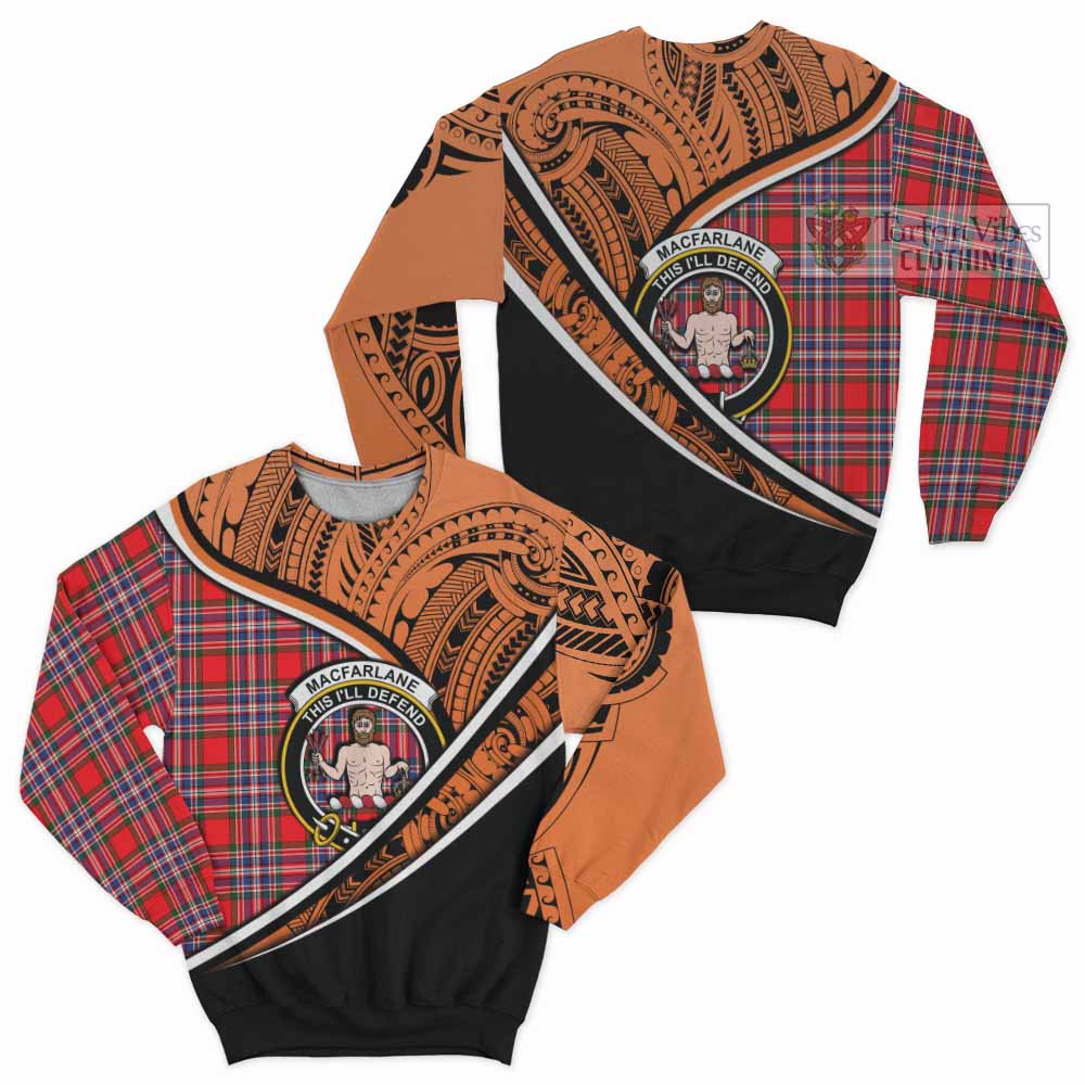 Tartan Vibes Clothing MacFarlane (McFarlane) Crest Tartan Sweatshirt with Maori Tattoo Style - Orange Version