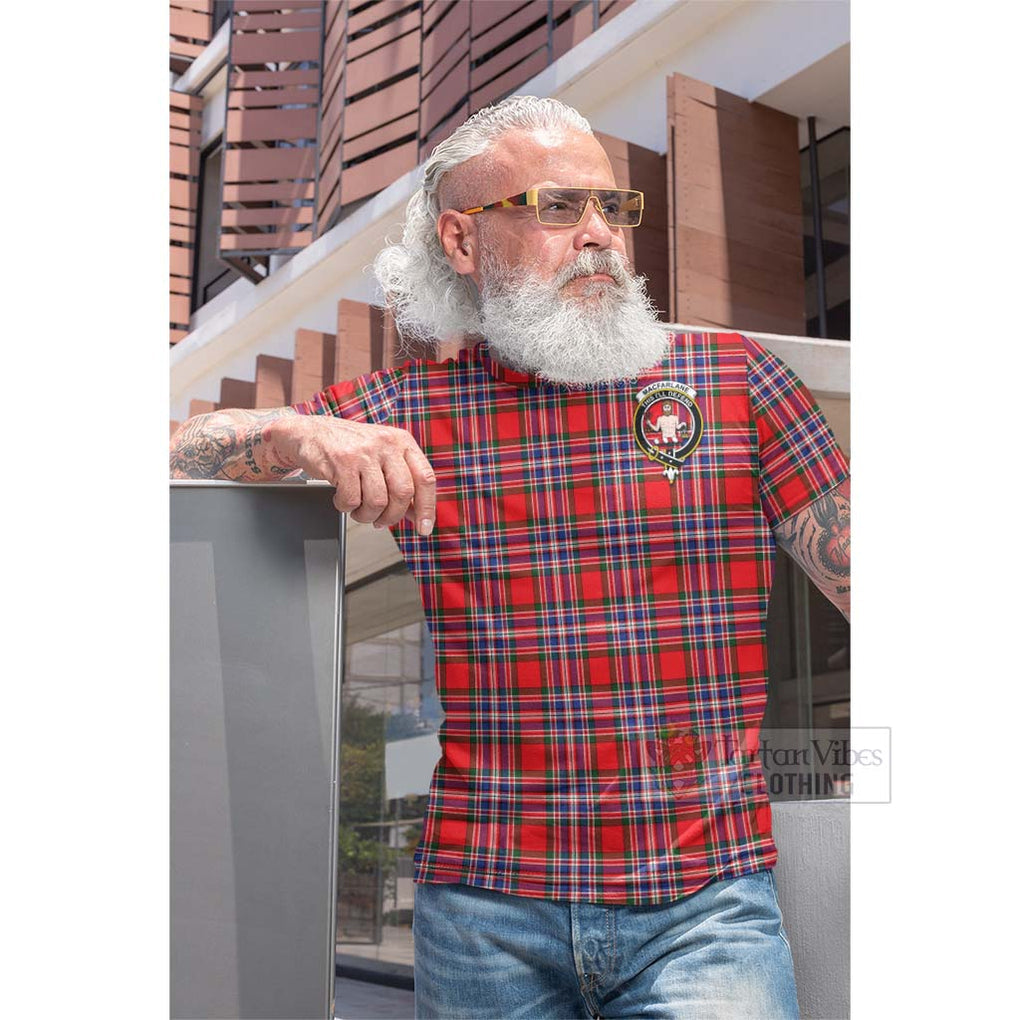 Tartan Vibes Clothing MacFarlane (McFarlane) Tartan Cotton T-shirt with Family Crest and Bearded Skull Holding Bottles of Whiskey