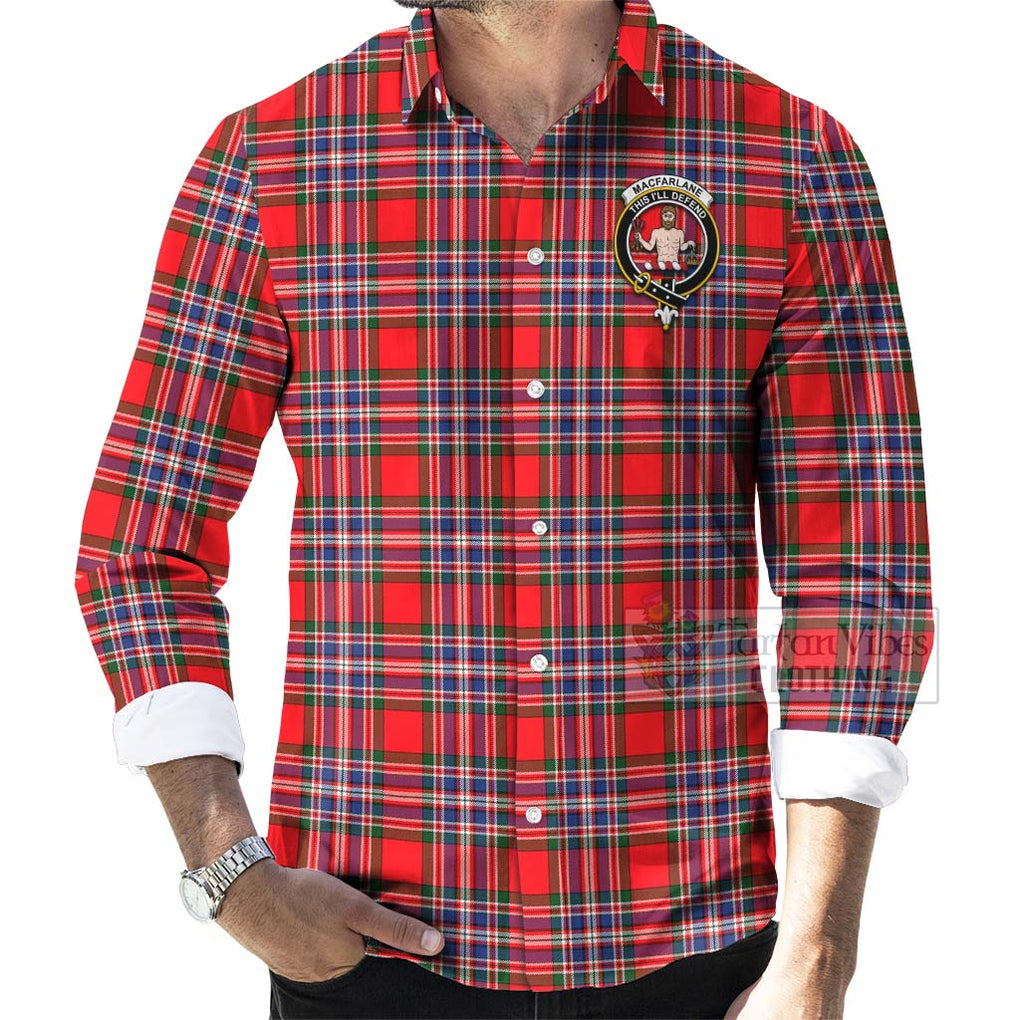 Tartan Vibes Clothing MacFarlane (McFarlane) Tartan Long Sleeve Button Shirt with Family Crest Celtic Skull Style