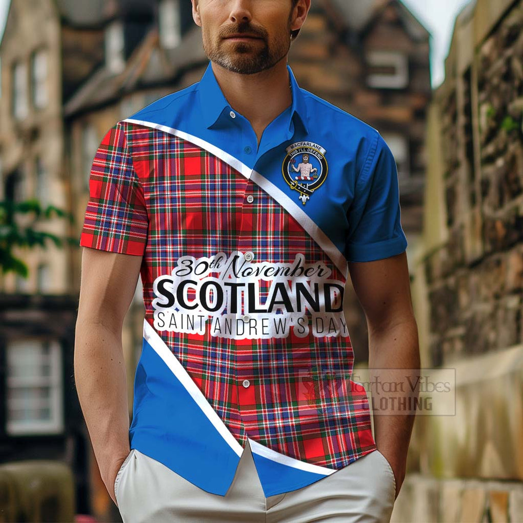 Tartan Vibes Clothing MacFarlane (McFarlane) Family Crest Tartan Short Sleeve Button Shirt Celebrate Saint Andrew's Day in Style