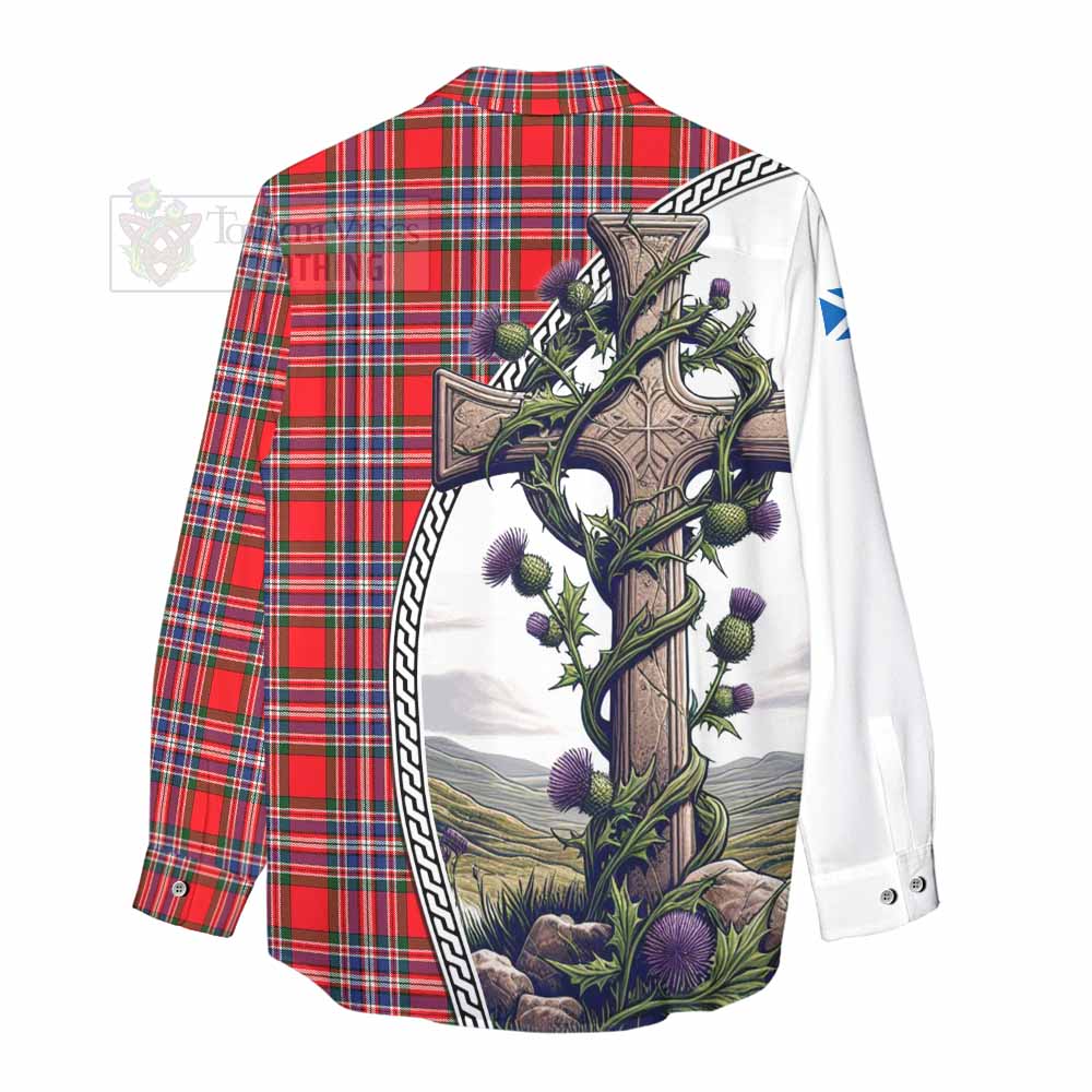 Tartan Vibes Clothing MacFarlane (McFarlane) Tartan Women's Casual Shirt with Family Crest and St. Andrew's Cross Accented by Thistle Vines