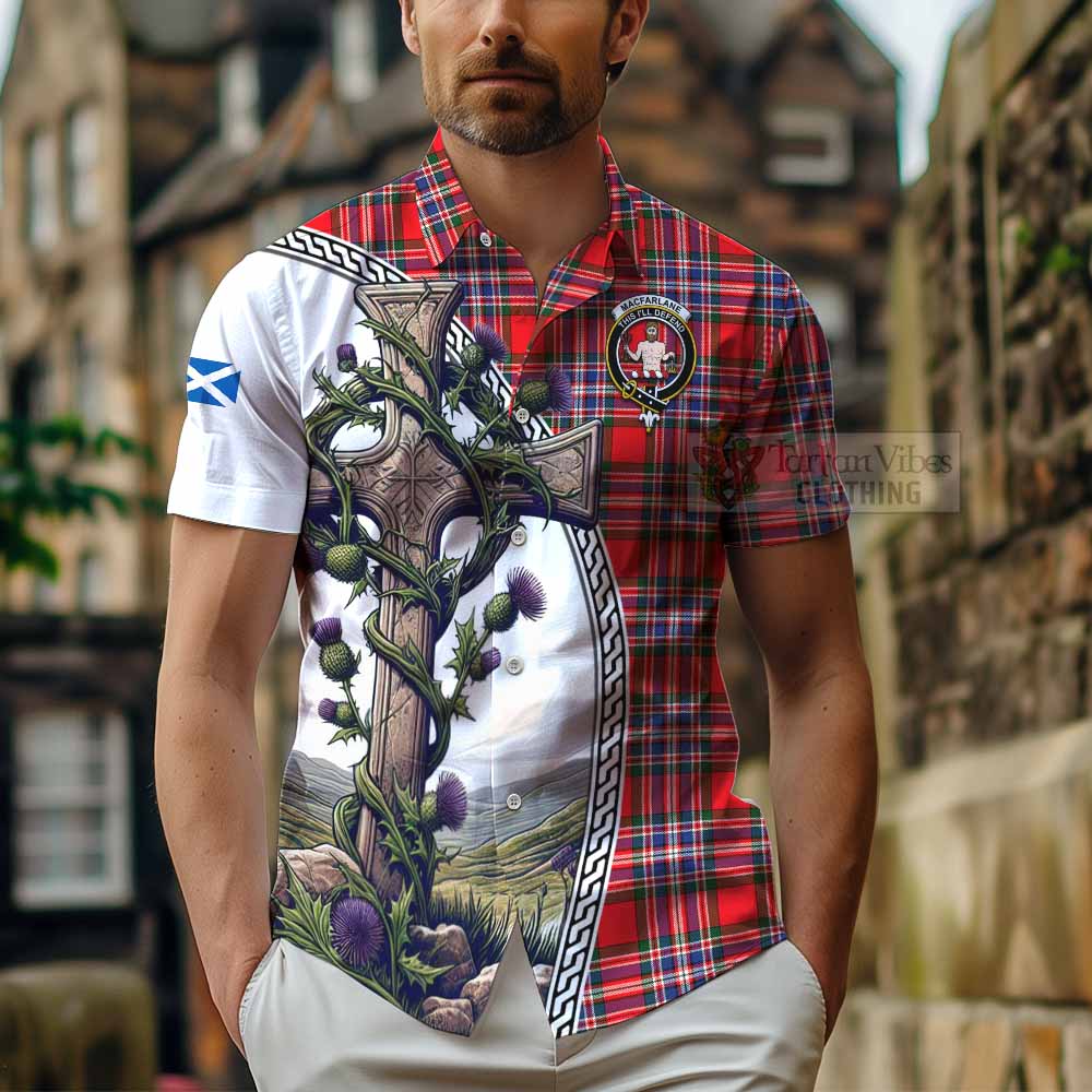 Tartan Vibes Clothing MacFarlane (McFarlane) Tartan Short Sleeve Button Shirt with Family Crest and St. Andrew's Cross Accented by Thistle Vines