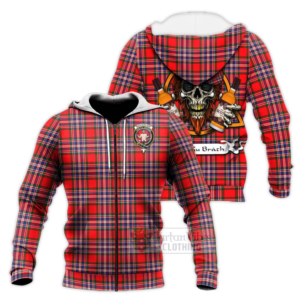 Tartan Vibes Clothing MacFarlane (McFarlane) Tartan Knitted Hoodie with Family Crest and Bearded Skull Holding Bottles of Whiskey