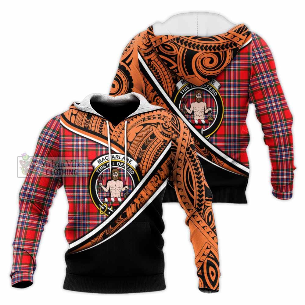 Tartan Vibes Clothing MacFarlane (McFarlane) Crest Tartan Knitted Hoodie with Maori Tattoo Style - Orange Version