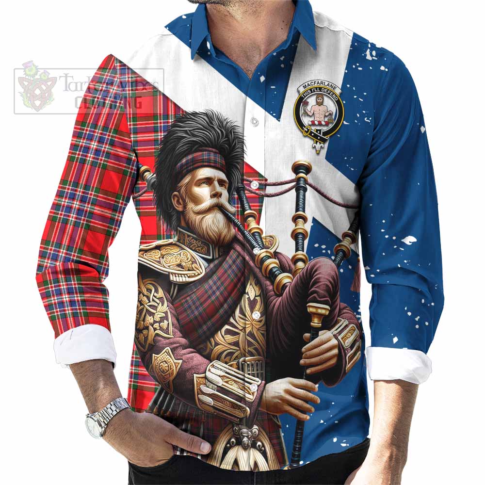 Tartan Vibes Clothing MacFarlane (McFarlane) Tartan Long Sleeve Button Shirt with Family Crest Scottish Bagpiper Vibes