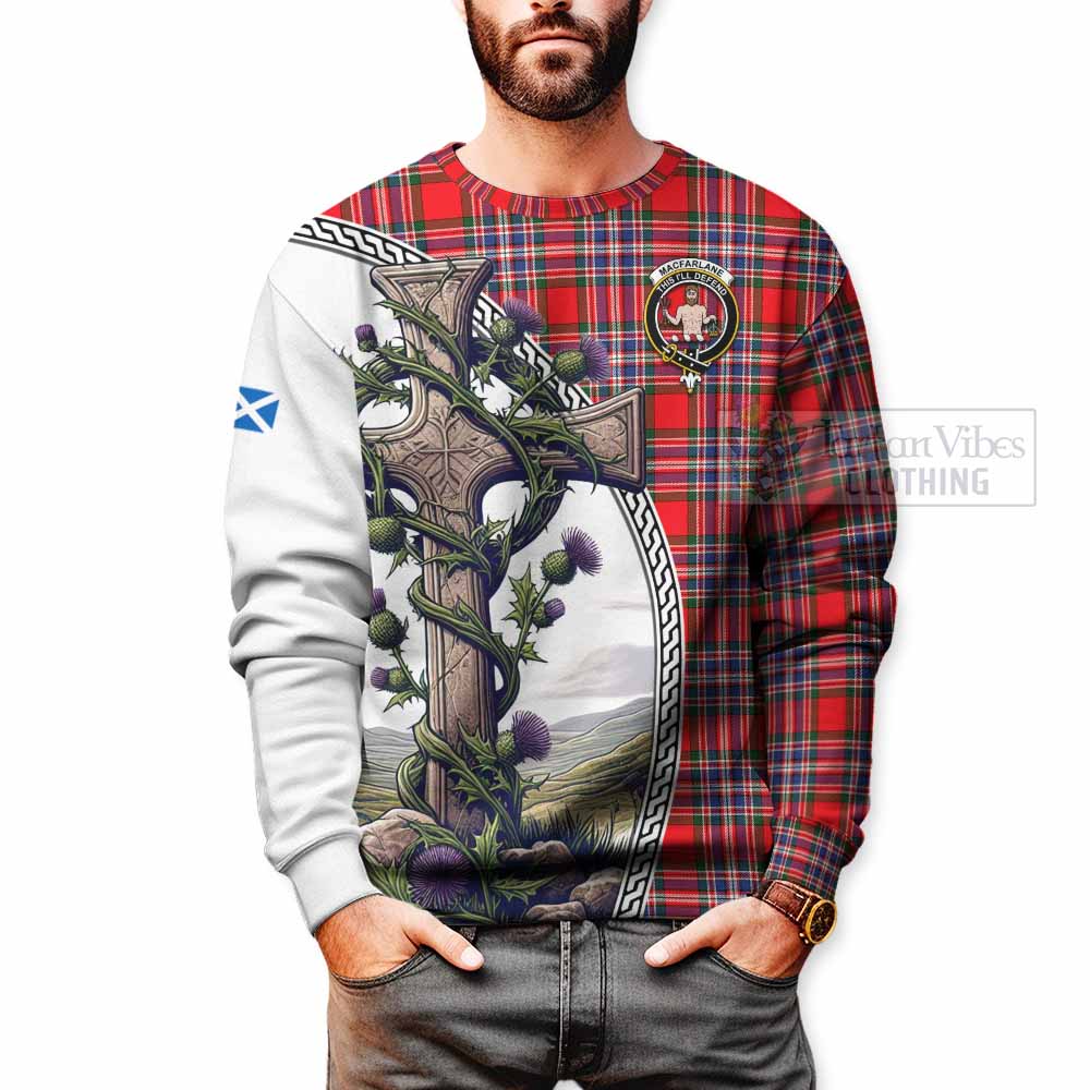 Tartan Vibes Clothing MacFarlane (McFarlane) Tartan Sweatshirt with Family Crest and St. Andrew's Cross Accented by Thistle Vines