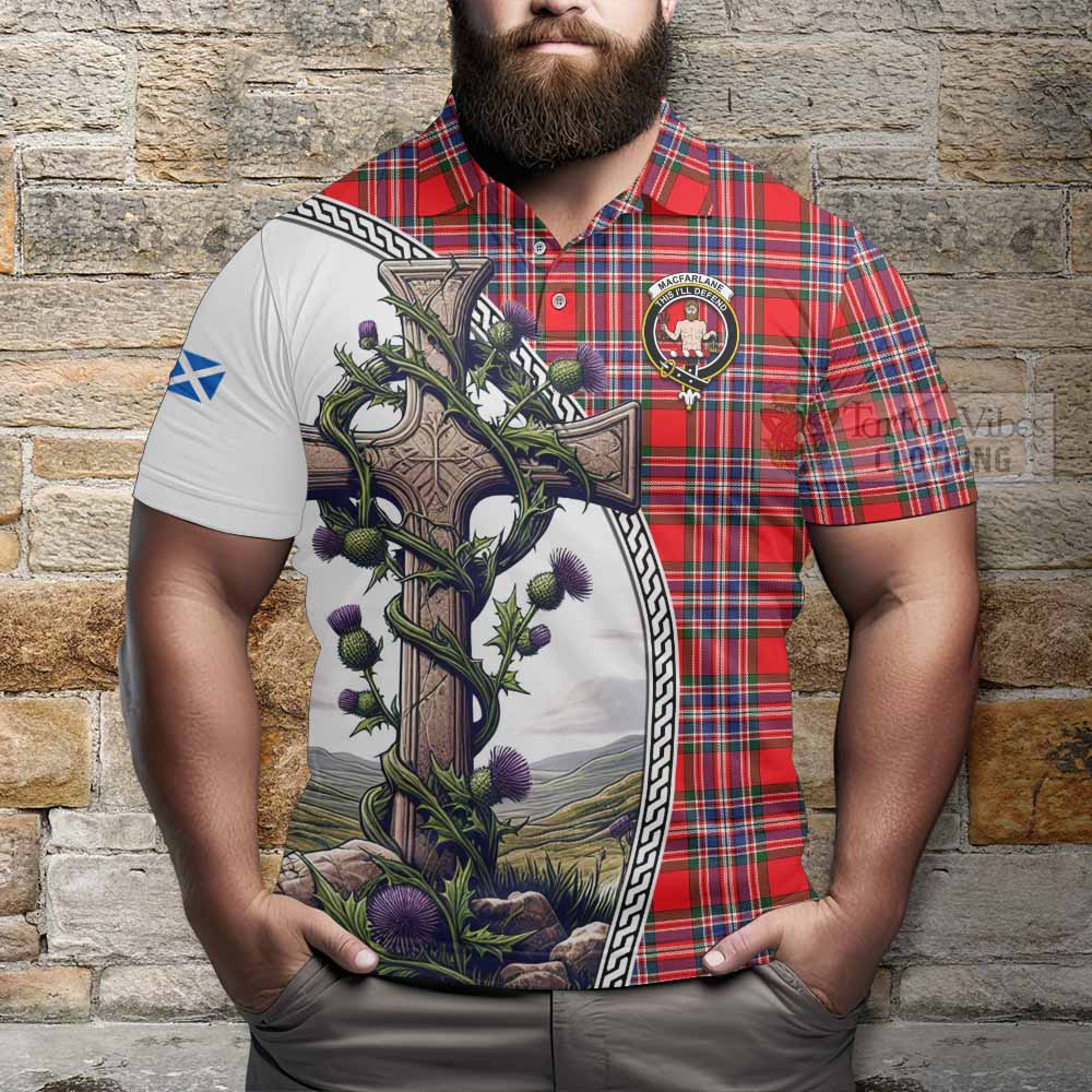 Tartan Vibes Clothing MacFarlane (McFarlane) Tartan Polo Shirt with Family Crest and St. Andrew's Cross Accented by Thistle Vines