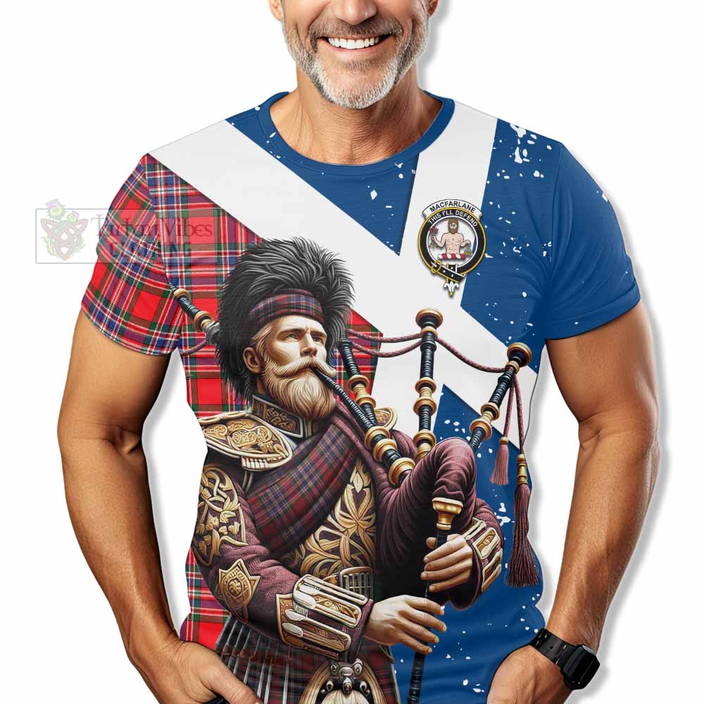 Tartan Vibes Clothing MacFarlane (McFarlane) Tartan T-Shirt with Family Crest Scottish Bagpiper Vibes