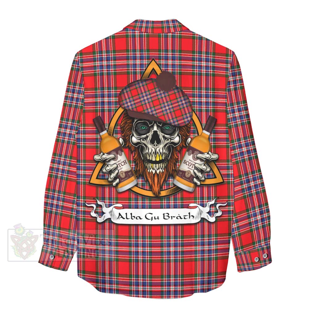 Tartan Vibes Clothing MacFarlane (McFarlane) Tartan Women's Casual Shirt with Family Crest and Bearded Skull Holding Bottles of Whiskey