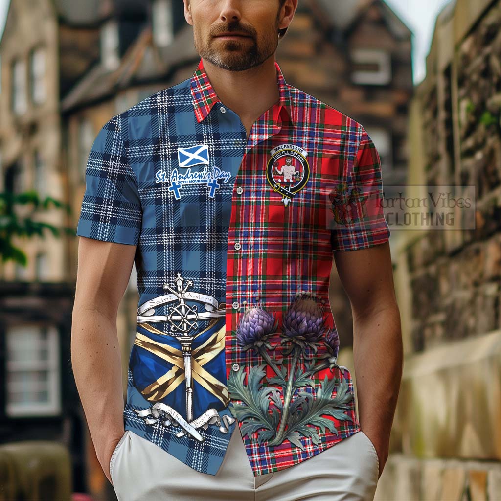 Tartan Vibes Clothing MacFarlane (McFarlane) Tartan Short Sleeve Button Shirt Happy St. Andrew's Day Half Tartan Style