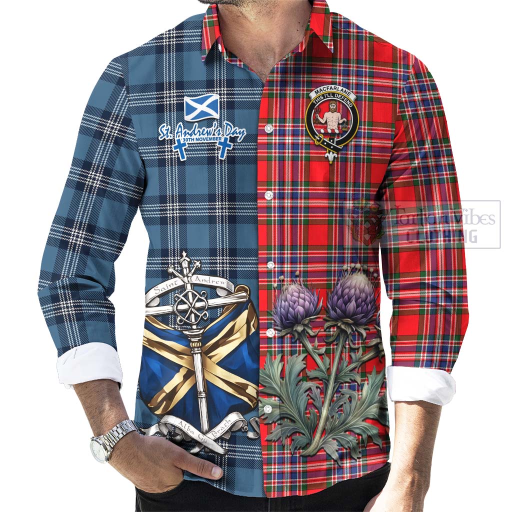 Tartan Vibes Clothing MacFarlane (McFarlane) Tartan Long Sleeve Button Shirt Happy St. Andrew's Day Half Tartan Style