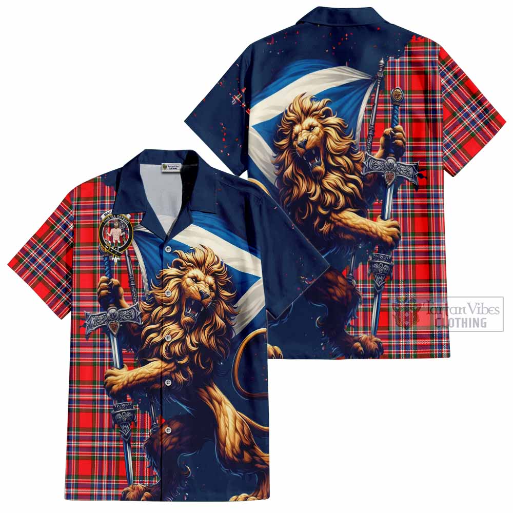 Tartan Vibes Clothing MacFarlane (McFarlane) Tartan Family Crest Short Sleeve Button Shirt with Scottish Majestic Lion