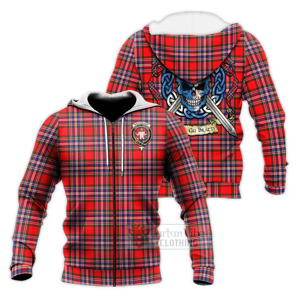 Tartan Vibes Clothing MacFarlane (McFarlane) Tartan Knitted Hoodie with Family Crest Celtic Skull Style