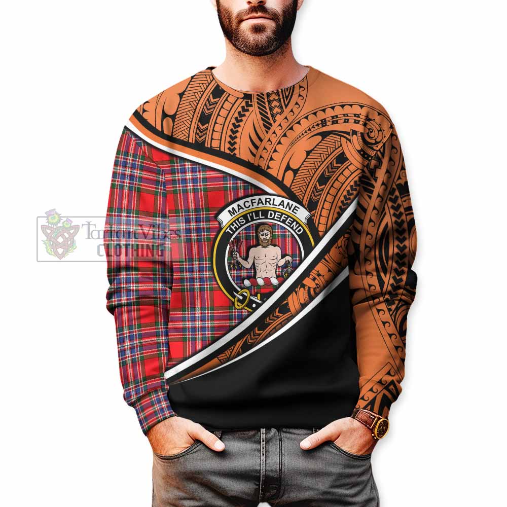 Tartan Vibes Clothing MacFarlane (McFarlane) Crest Tartan Sweatshirt with Maori Tattoo Style - Orange Version