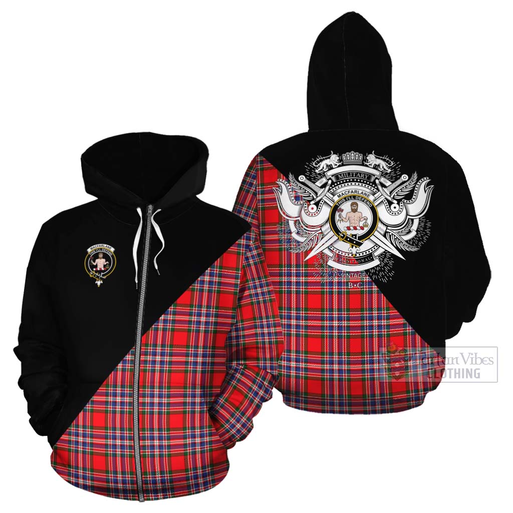 Tartan Vibes Clothing MacFarlane (McFarlane) Tartan Cotton Hoodie with Family Crest and Military Logo Style