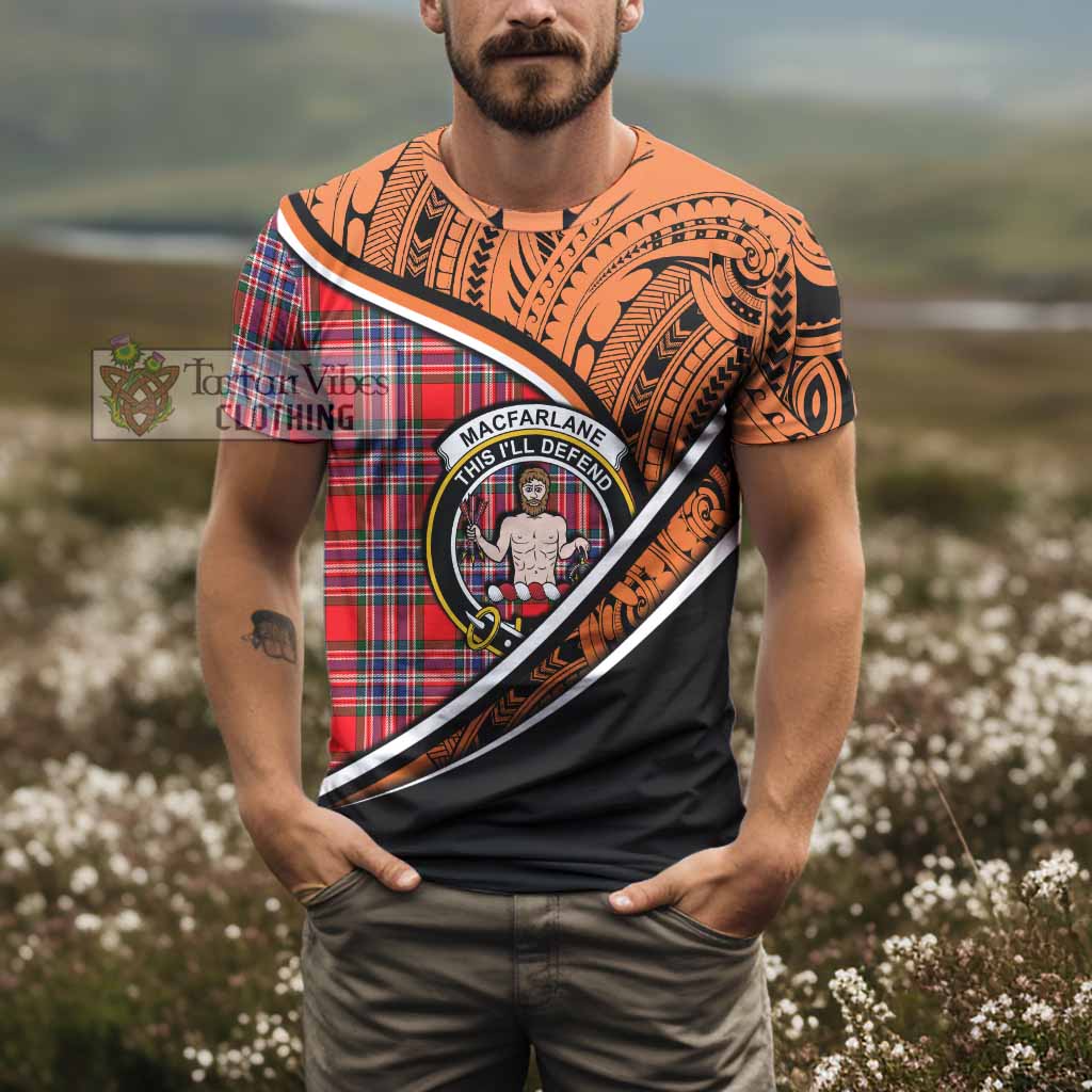 Tartan Vibes Clothing MacFarlane (McFarlane) Crest Tartan T-Shirt with Maori Tattoo Style - Orange Version