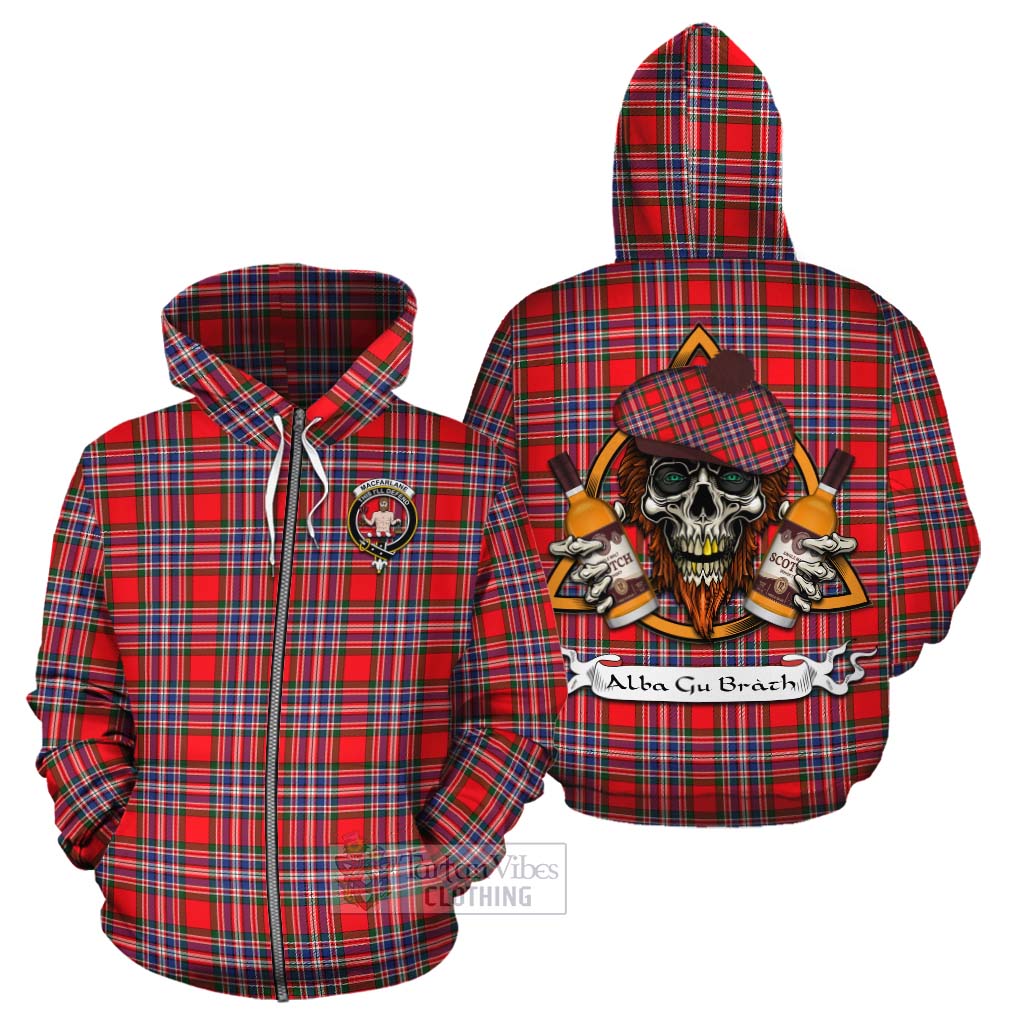 Tartan Vibes Clothing MacFarlane (McFarlane) Tartan Cotton Hoodie with Family Crest and Bearded Skull Holding Bottles of Whiskey