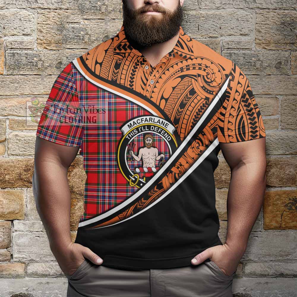 Tartan Vibes Clothing MacFarlane (McFarlane) Crest Tartan Polo Shirt with Maori Tattoo Style - Orange Version