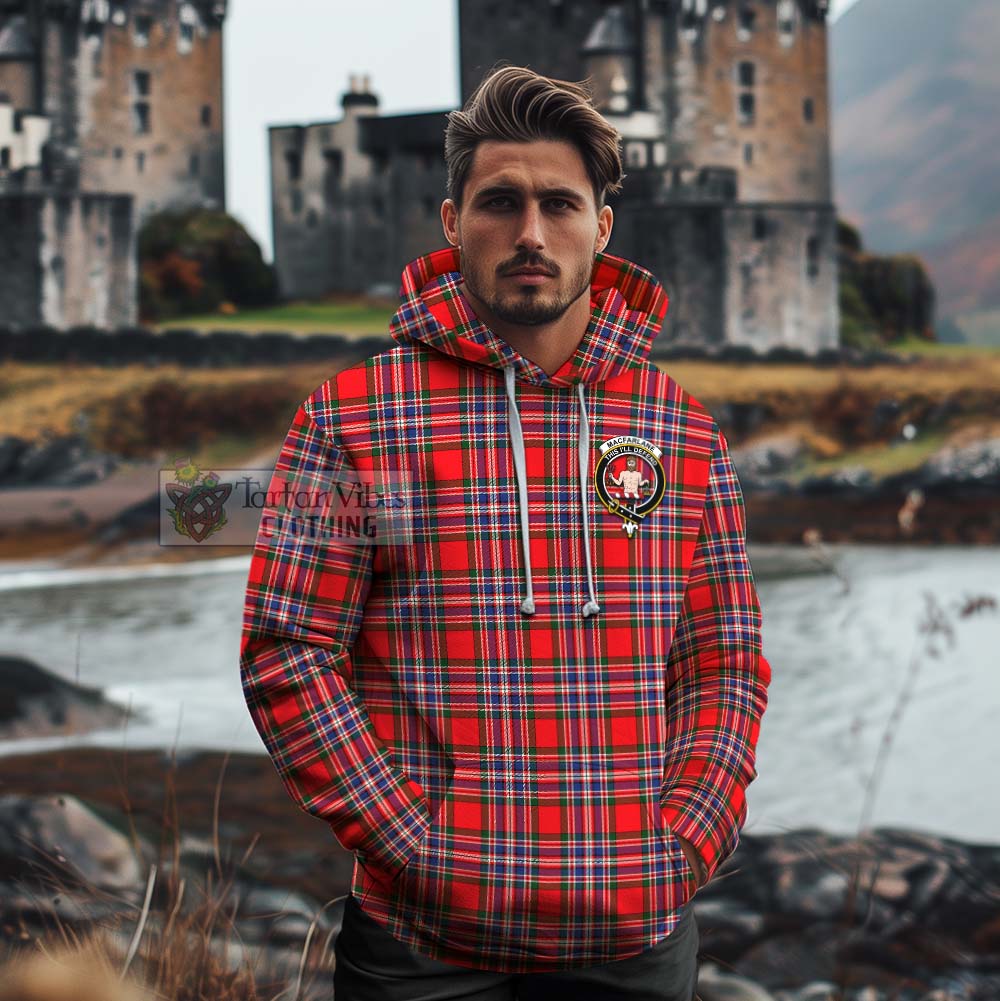 Tartan Vibes Clothing MacFarlane (McFarlane) Tartan Cotton Hoodie with Family Crest and Bearded Skull Holding Bottles of Whiskey