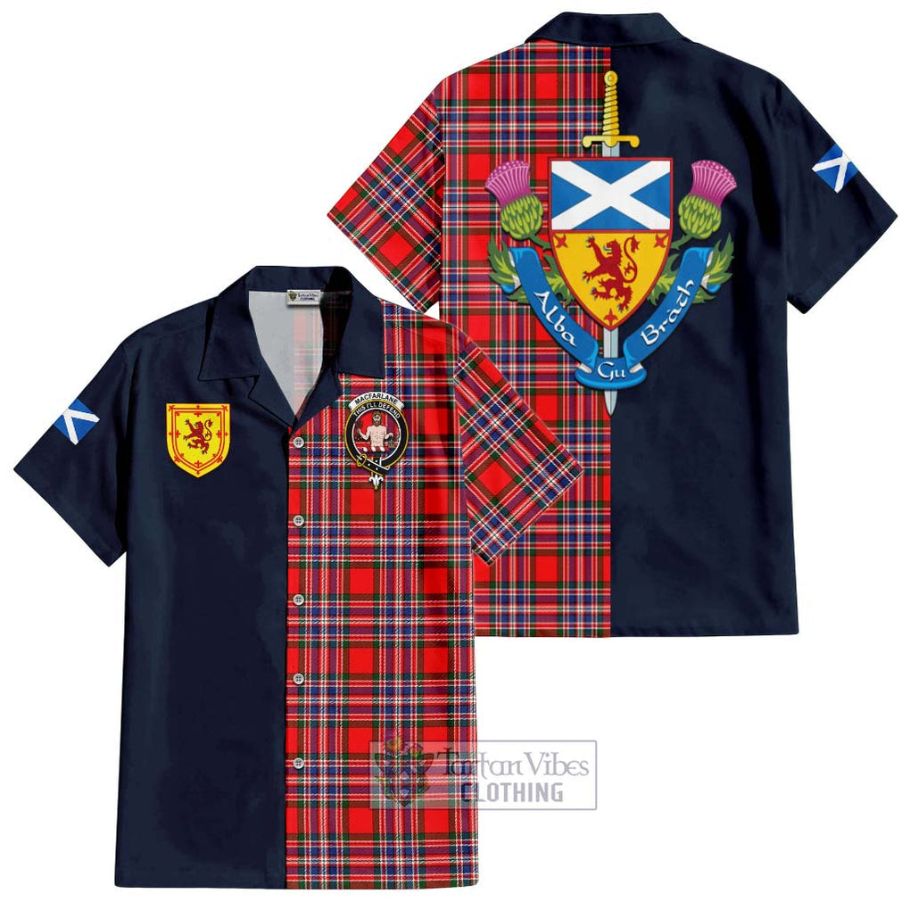 Tartan Vibes Clothing MacFarlane Modern Tartan Short Sleeve Button Shirt with Scottish Lion Royal Arm Half Style