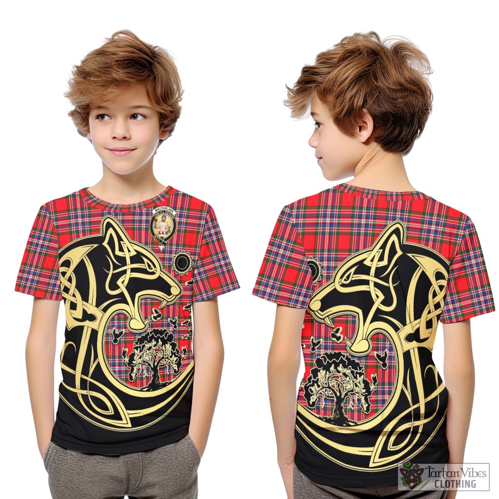 Tartan Vibes Clothing MacFarlane Modern Tartan Kid T-Shirt with Family Crest Celtic Wolf Style