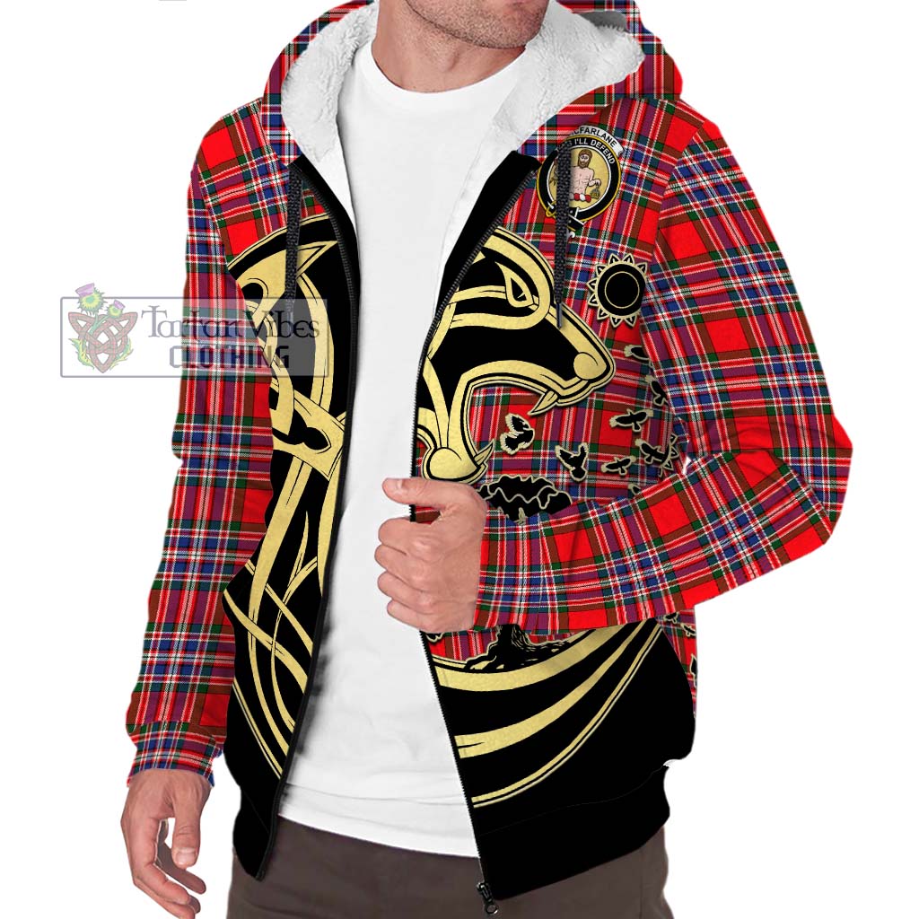 Tartan Vibes Clothing MacFarlane Modern Tartan Sherpa Hoodie with Family Crest Celtic Wolf Style