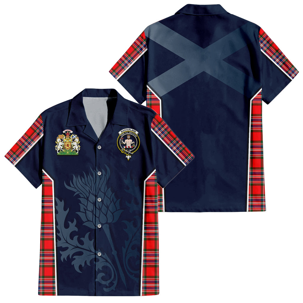 Tartan Vibes Clothing MacFarlane Modern Tartan Short Sleeve Button Up Shirt with Family Crest and Scottish Thistle Vibes Sport Style