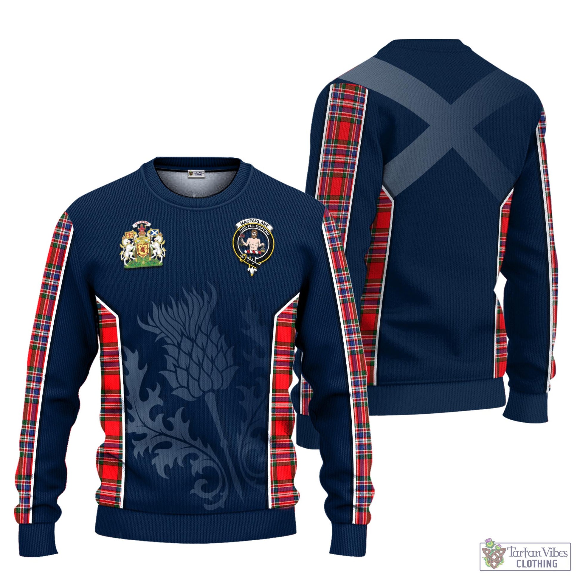 Tartan Vibes Clothing MacFarlane Modern Tartan Knitted Sweatshirt with Family Crest and Scottish Thistle Vibes Sport Style