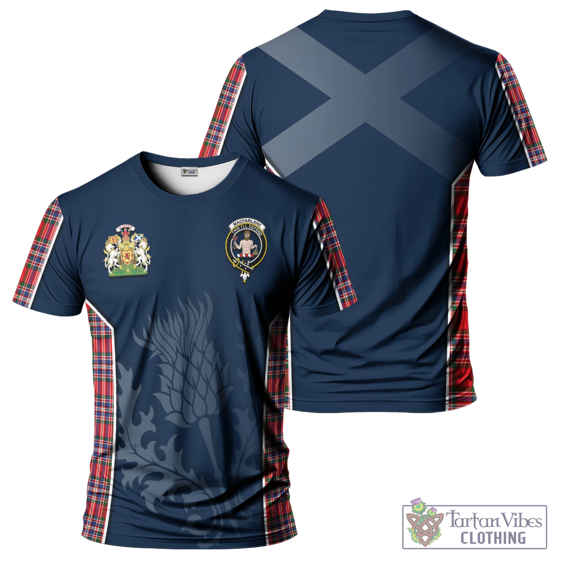 Tartan Vibes Clothing MacFarlane Modern Tartan T-Shirt with Family Crest and Scottish Thistle Vibes Sport Style