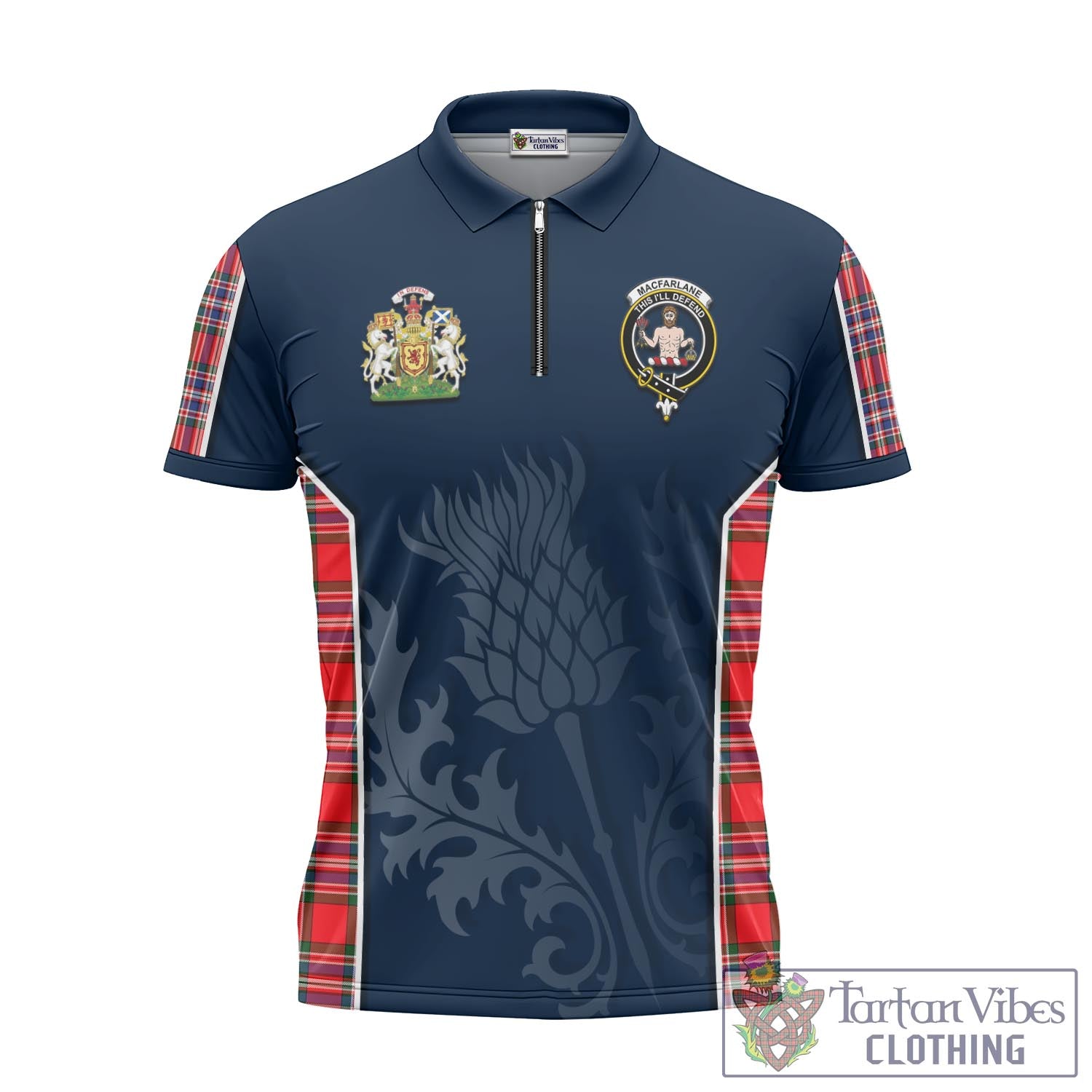 Tartan Vibes Clothing MacFarlane Modern Tartan Zipper Polo Shirt with Family Crest and Scottish Thistle Vibes Sport Style