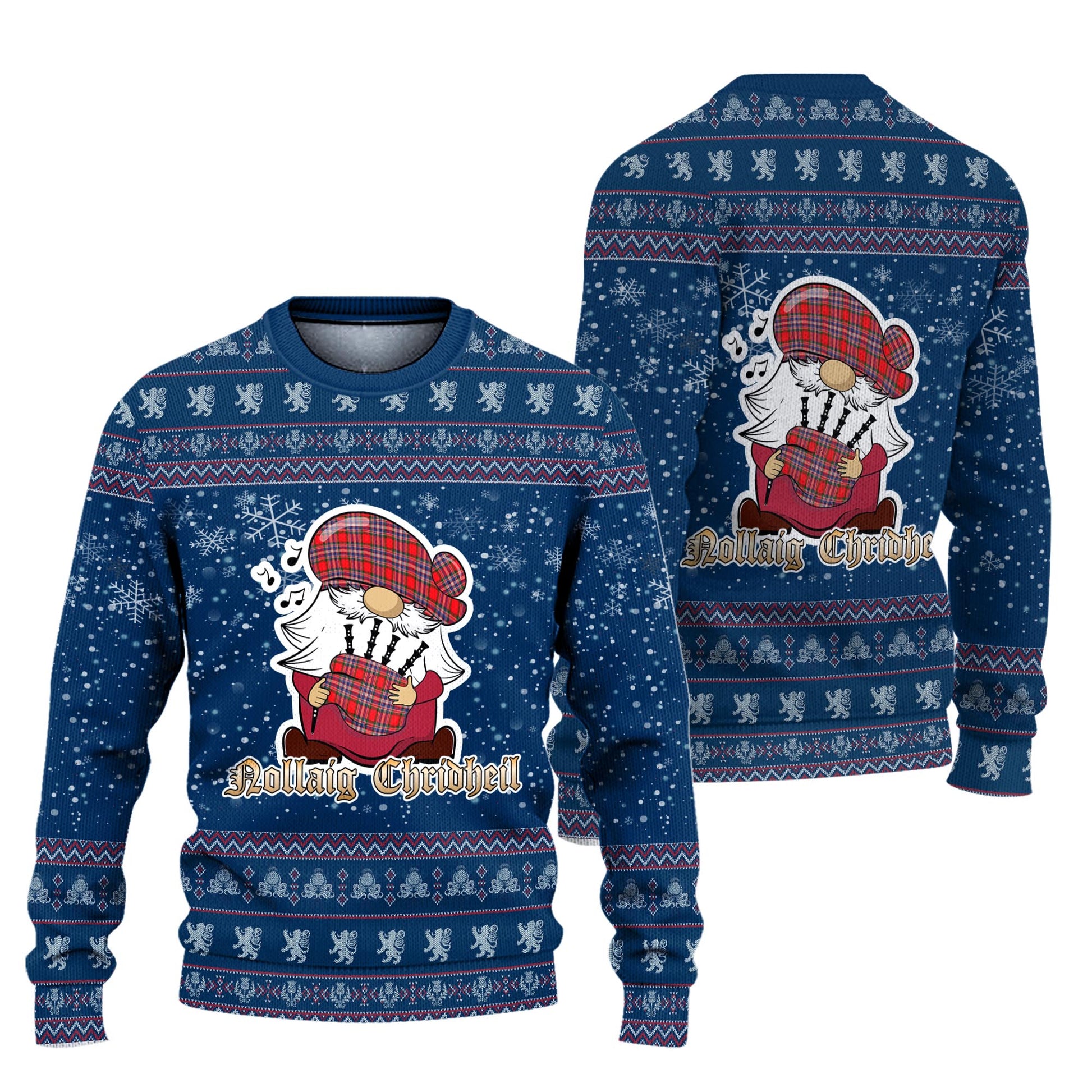 MacFarlane Modern Clan Christmas Family Knitted Sweater with Funny Gnome Playing Bagpipes Unisex Blue - Tartanvibesclothing
