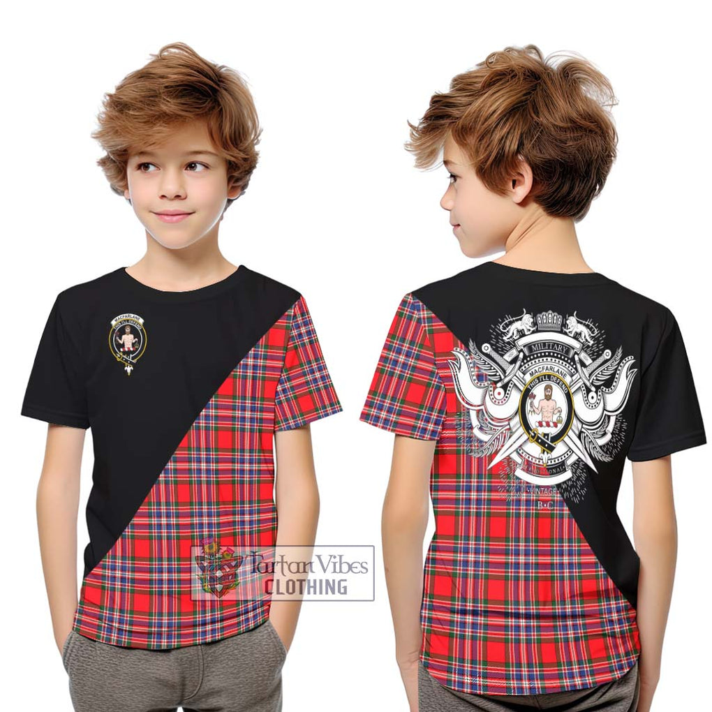 MacFarlane (McFarlane) Tartan Kid T-Shirt with Family Crest and Military Logo Style Youth XL Size14 - Tartanvibesclothing Shop