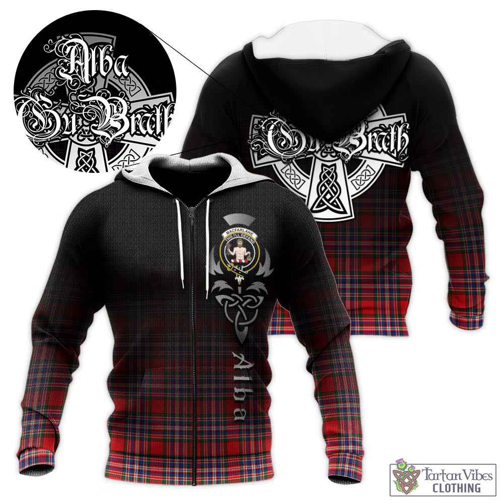 Tartan Vibes Clothing MacFarlane Modern Tartan Knitted Hoodie Featuring Alba Gu Brath Family Crest Celtic Inspired