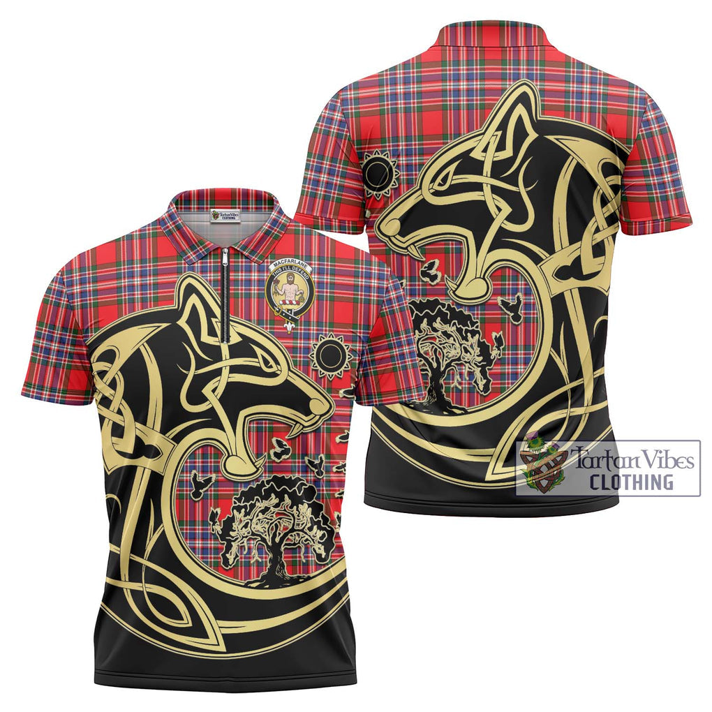 MacFarlane (McFarlane) Tartan Zipper Polo Shirt with Family Crest Celtic Wolf Style Unisex - Tartanvibesclothing Shop