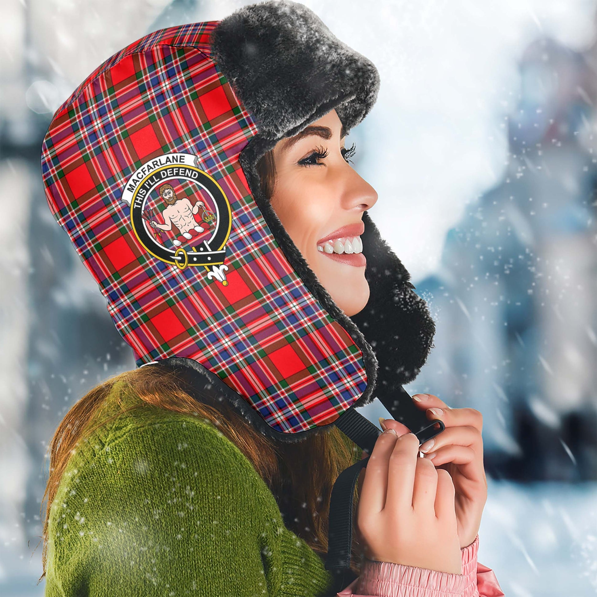 MacFarlane Modern Tartan Winter Trapper Hat with Family Crest Winter Trapper Hat Universal Fit Circumference 22.8in (58cm) - Tartanvibesclothing