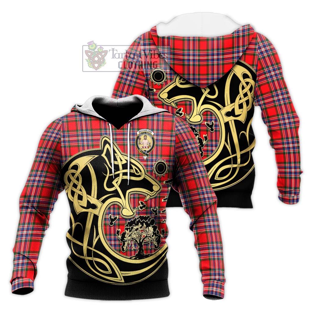 Tartan Vibes Clothing MacFarlane Modern Tartan Knitted Hoodie with Family Crest Celtic Wolf Style