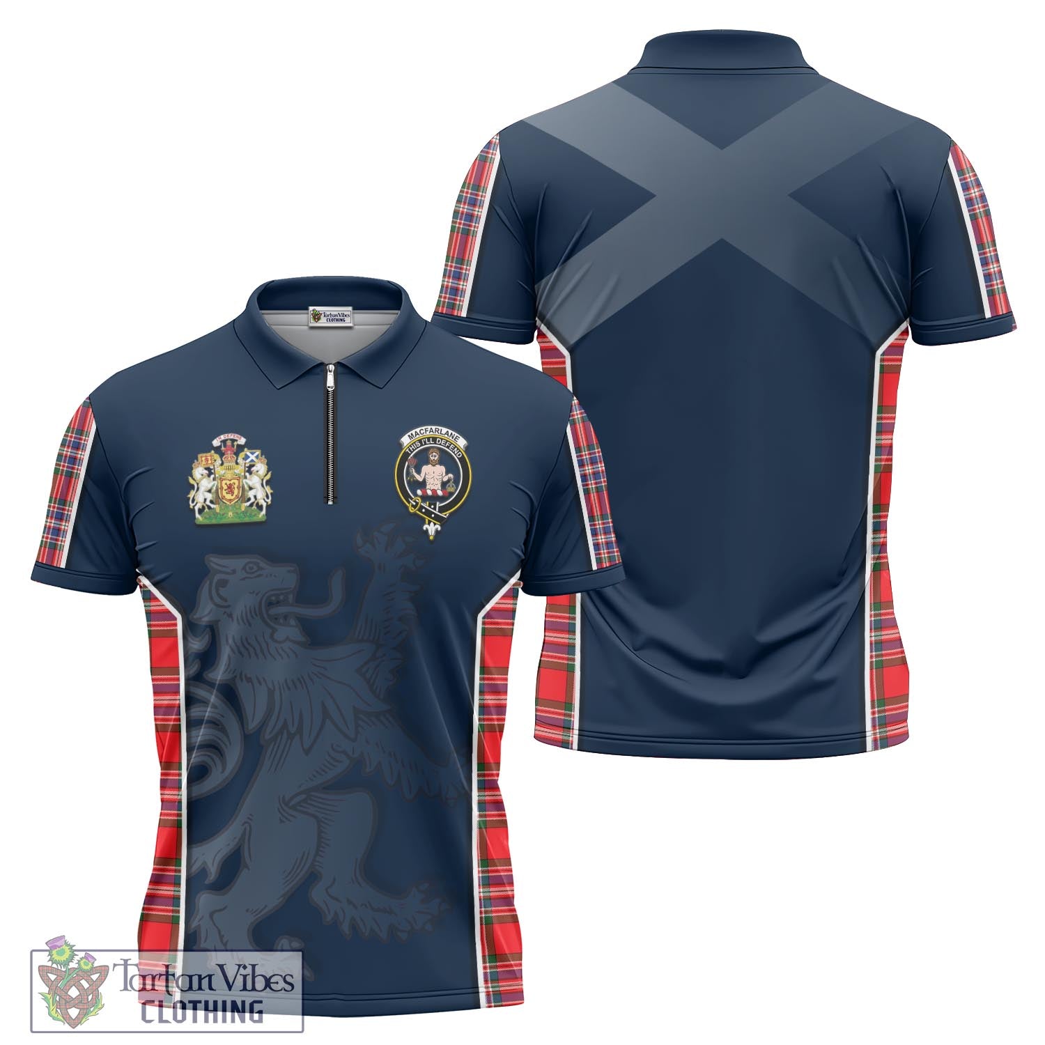 Tartan Vibes Clothing MacFarlane Modern Tartan Zipper Polo Shirt with Family Crest and Lion Rampant Vibes Sport Style