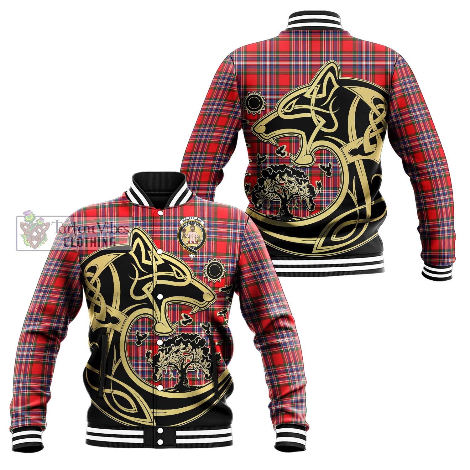Tartan Vibes Clothing MacFarlane Modern Tartan Baseball Jacket with Family Crest Celtic Wolf Style