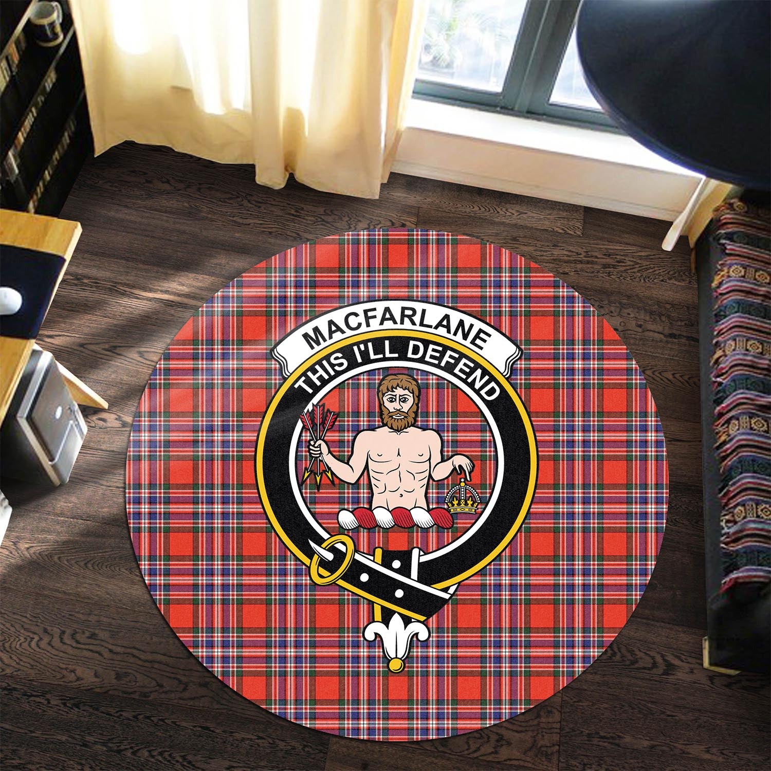 macfarlane-modern-tartan-round-rug-with-family-crest