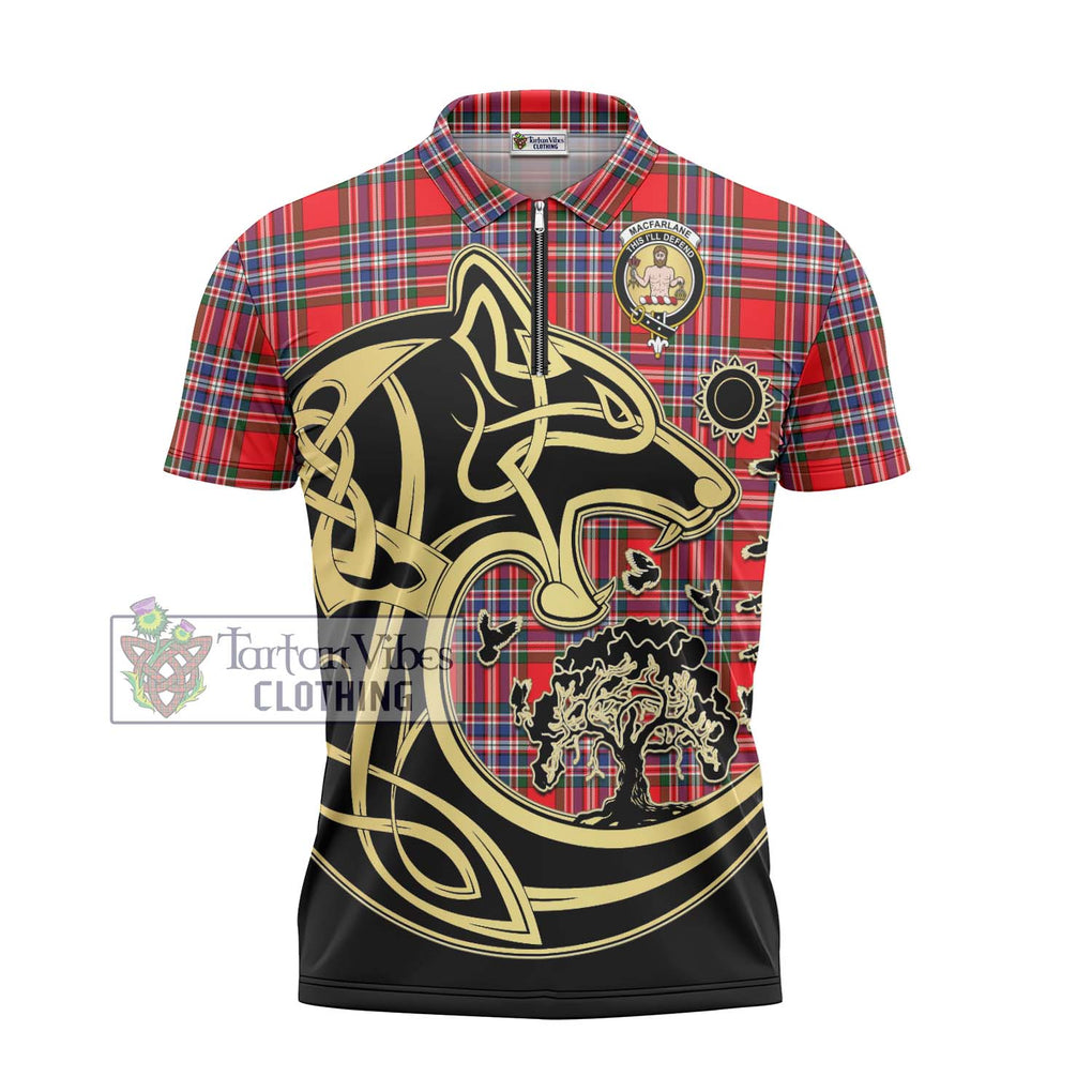 MacFarlane (McFarlane) Tartan Zipper Polo Shirt with Family Crest Celtic Wolf Style - Tartanvibesclothing Shop