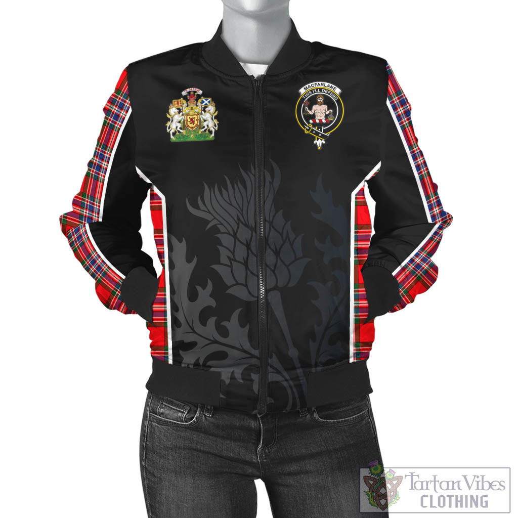 Tartan Vibes Clothing MacFarlane Modern Tartan Bomber Jacket with Family Crest and Scottish Thistle Vibes Sport Style