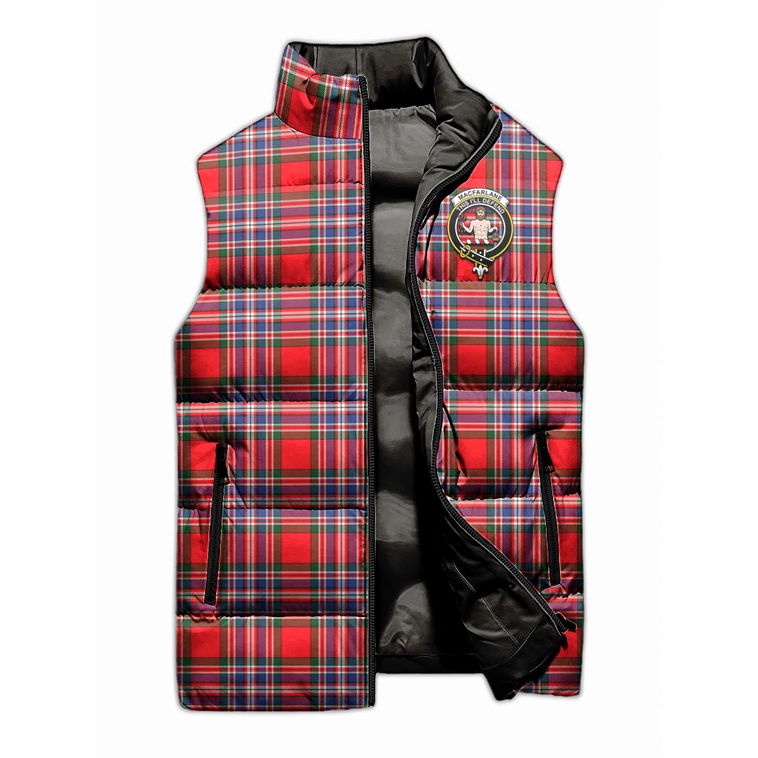 MacFarlane Modern Tartan Sleeveless Puffer Jacket with Family Crest - Tartanvibesclothing