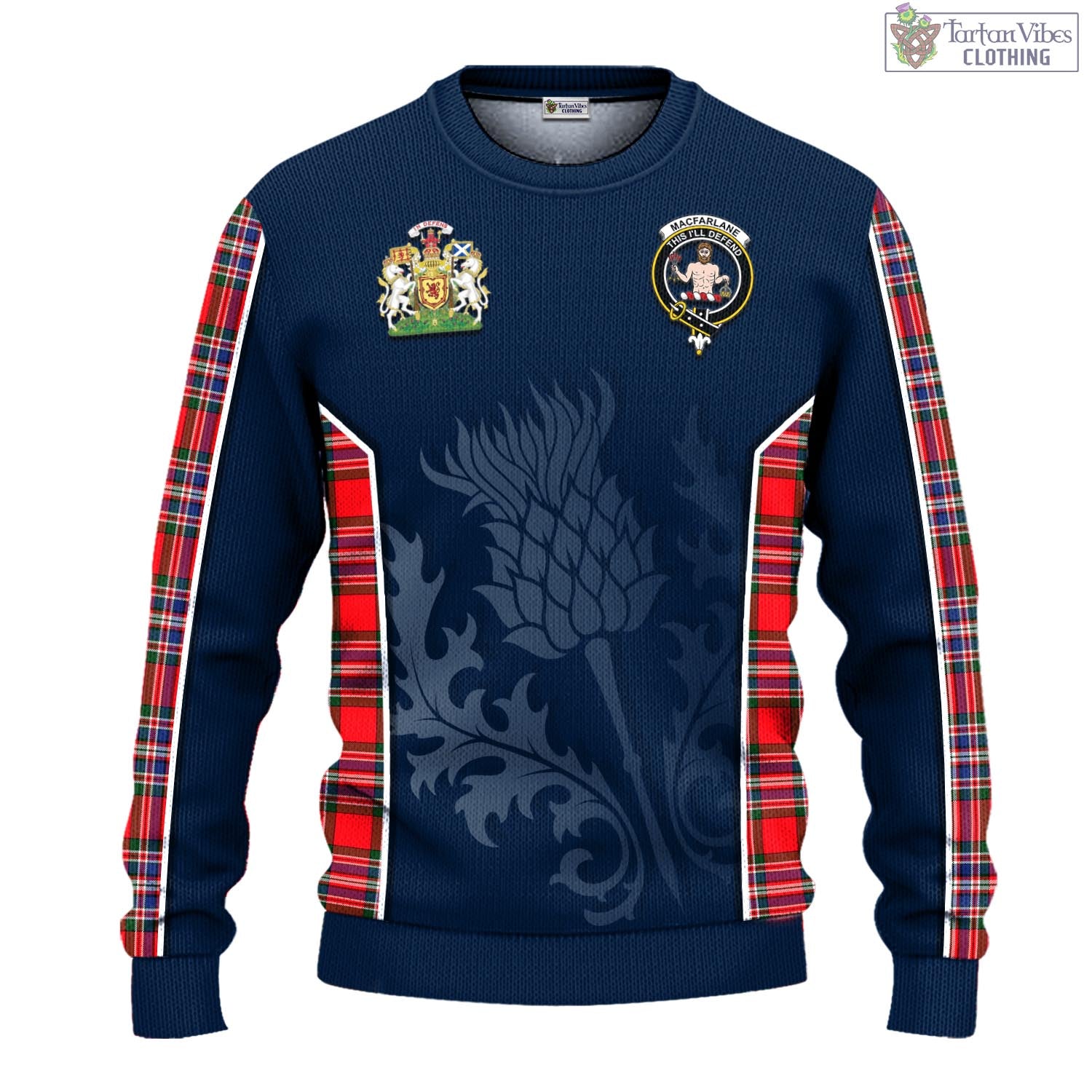 Tartan Vibes Clothing MacFarlane Modern Tartan Knitted Sweatshirt with Family Crest and Scottish Thistle Vibes Sport Style