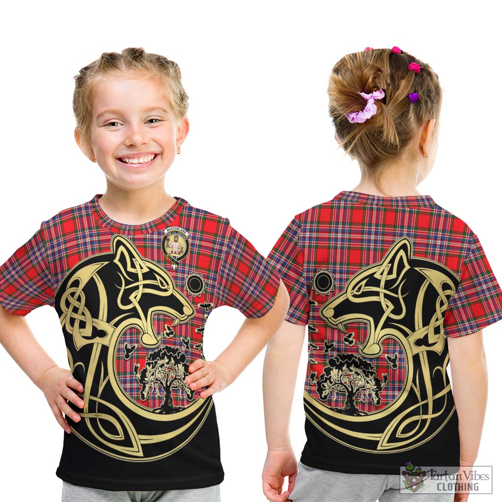 Tartan Vibes Clothing MacFarlane Modern Tartan Kid T-Shirt with Family Crest Celtic Wolf Style