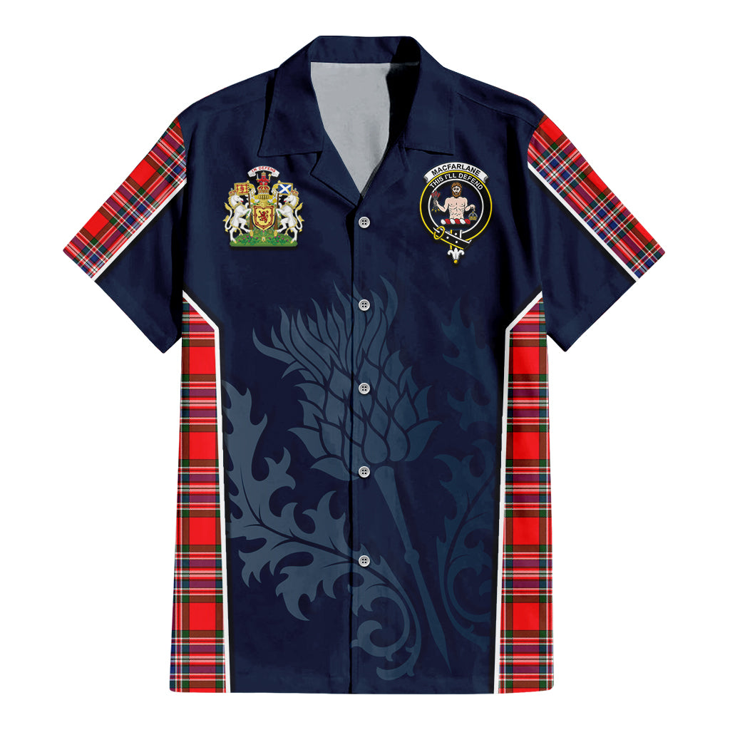 Tartan Vibes Clothing MacFarlane Modern Tartan Short Sleeve Button Up Shirt with Family Crest and Scottish Thistle Vibes Sport Style