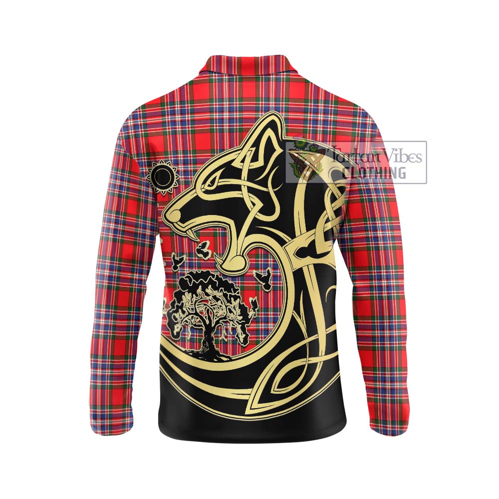 Tartan Vibes Clothing MacFarlane Modern Tartan Long Sleeve Polo Shirt with Family Crest Celtic Wolf Style