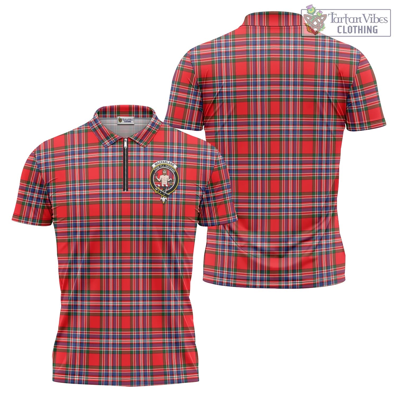 Tartan Vibes Clothing MacFarlane Modern Tartan Zipper Polo Shirt with Family Crest