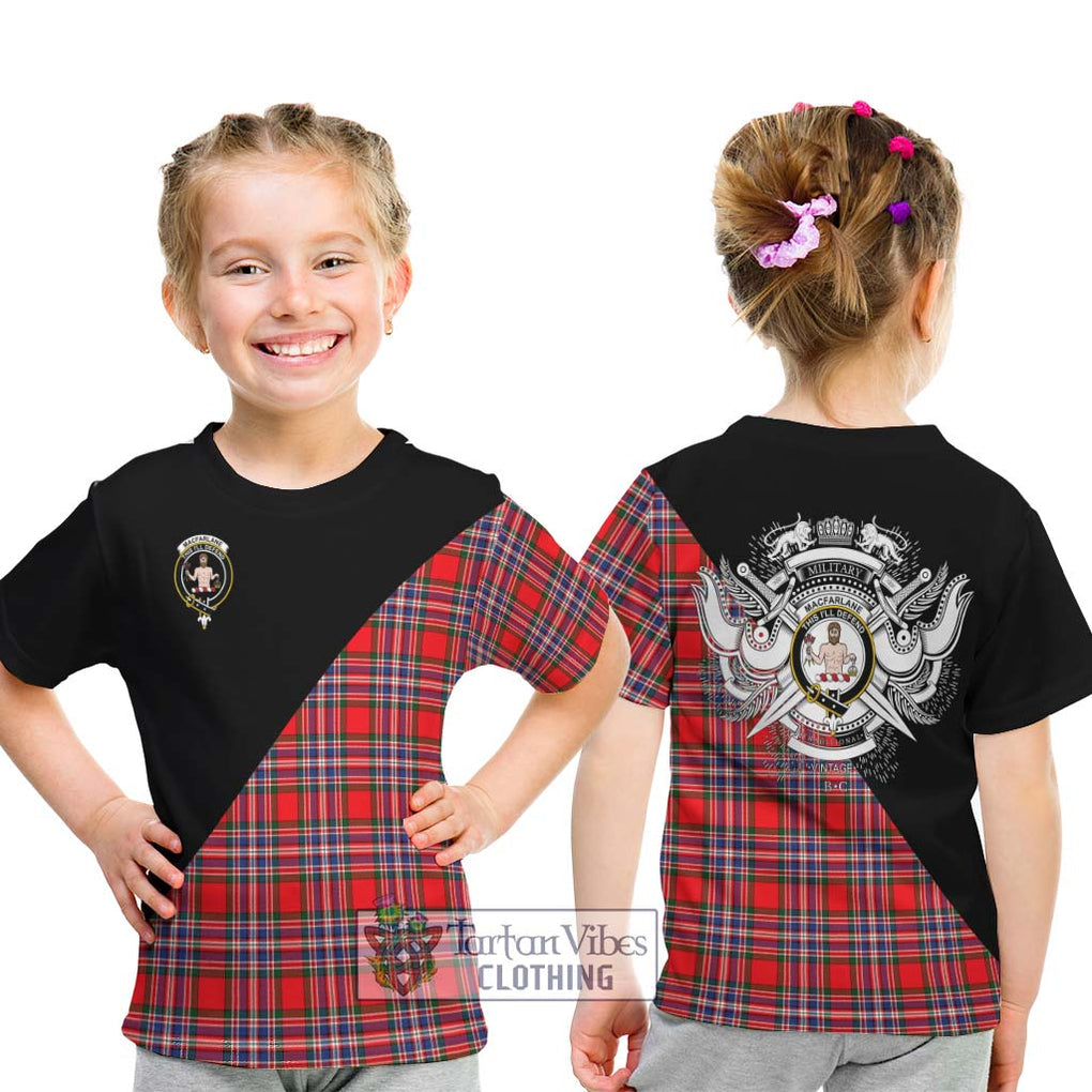 MacFarlane (McFarlane) Tartan Kid T-Shirt with Family Crest and Military Logo Style - Tartanvibesclothing Shop