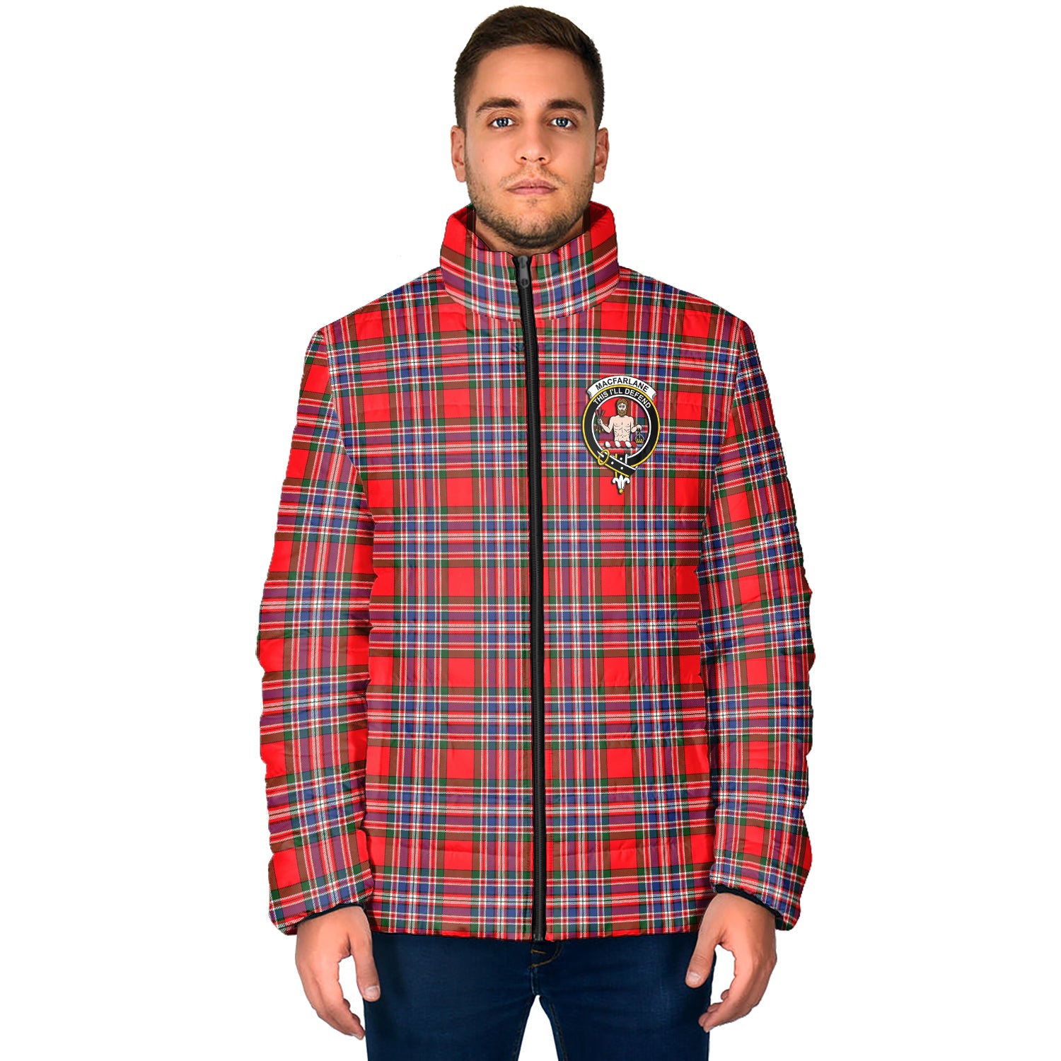 MacFarlane Modern Tartan Padded Jacket with Family Crest - Tartanvibesclothing