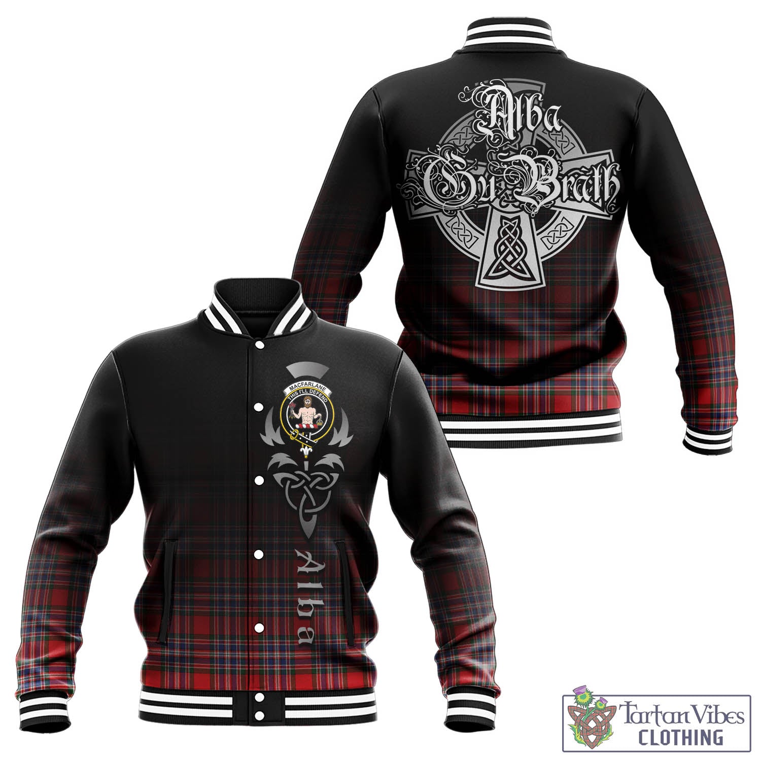 Tartan Vibes Clothing MacFarlane Modern Tartan Baseball Jacket Featuring Alba Gu Brath Family Crest Celtic Inspired
